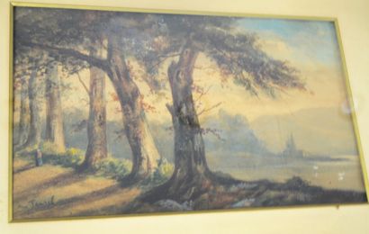 null TAUREL Augustin (1828-1879): Two watercolours. Landscapes of lake shores. Signed...