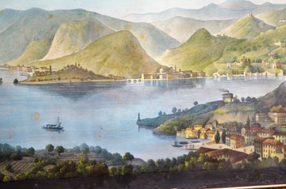 null 
Gouache on paper: "panorama of a lively Swiss lake shore". 19th century. Size:...