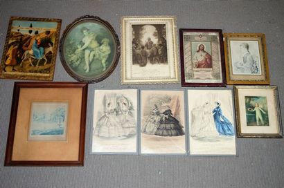 null Set of 10 frames including reproductions, engravings on various subjects (religious,...