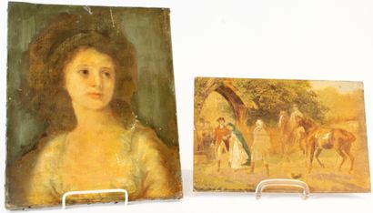 null Set of two paintings:

-oil on wood "scene with characters in the taste of the...