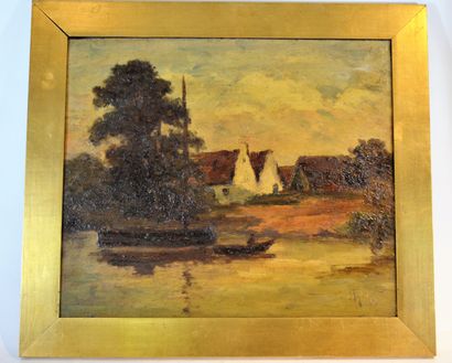 null Oil on panel: "river bank with boats and houses". Signed lower right. Size:...