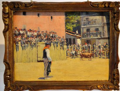 null Set of 4 framed paintings:

-Bullfighting scene on plywood (21 x 15 cm), signed...