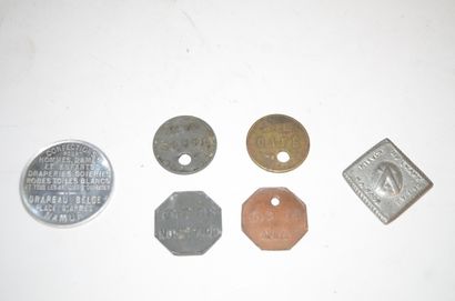null Set of 5 tokens:

-a square pewter token, dated 1742. 

-4 of the Namur food...
