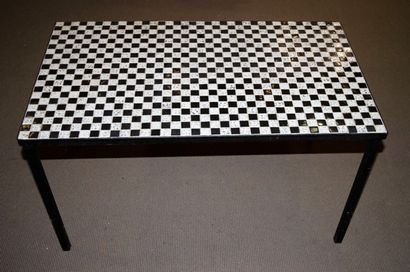 null Coffee table with black and white mosaic ceramic tile top. Metal structure....