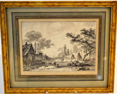 null Engraving etching, animated village landscape with characters. 18th century....