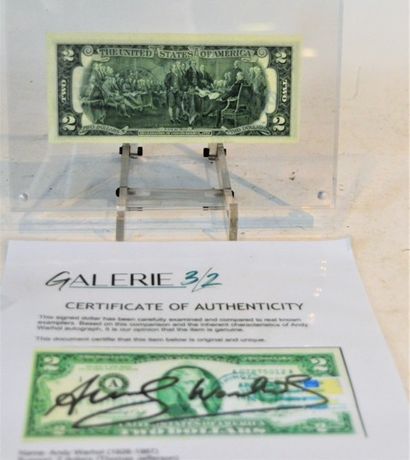 null Andy Warhol:

Hand-signed $2 bill in black acrylic by Andy Warhol in 1976.

Stamped...