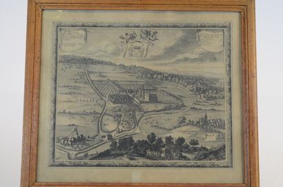 null Gravure présentant le Château de Froidmont avec le blason de la ville de Jemeppe...