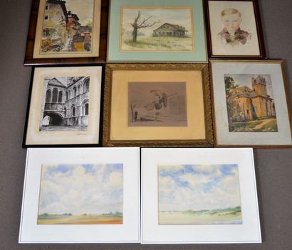 null Set of 8 framed drawings/watercolours. 

-A strong water "fisherwoman on foot"(28.5...