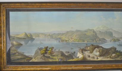 null 
Gouache sur papier: "panorama de bord de lac Suisse animé". XIXème. Dimensions:...