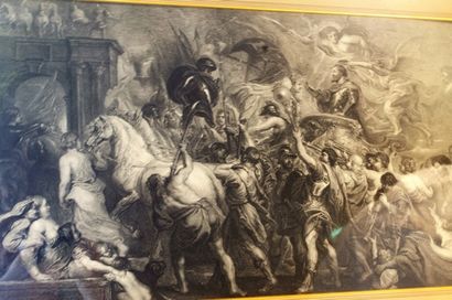 null Engraving etching, triumph scene in antique style. Size: 59 x 32 cm. Wooden...