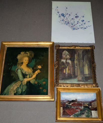 null Set of four paintings:

-Oil on isorel "Spanish village". 32 x 23 cm. Gilded...