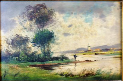 null Oil on panel: "landscape at the water's edge with fisherman". 29 x 19 cm. Signed...