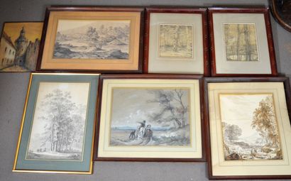 null Set of 7 pastel/pencil/ink drawings of country and city landscapes.