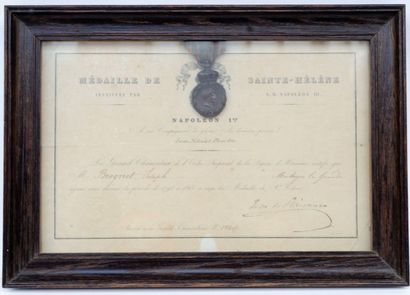 null Diploma of the Saint-Hélène Medal, with the medal, awarded to Mr. Joseph Brognet.

Napoleon...