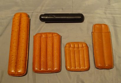 null Collection: 5 leather cigar cases including 1 Longchamp, 1 Lubinski