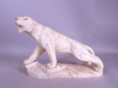 null Sculpture: alabaster -Roaring Tiger- signed ROMANI Professor Firenze (Italia)...