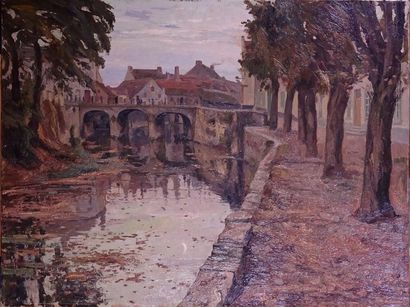 null Painting HST -Channel at Dixmude- signed *LEDUC P.* (Paul) (1876-1943) 76x101cm...