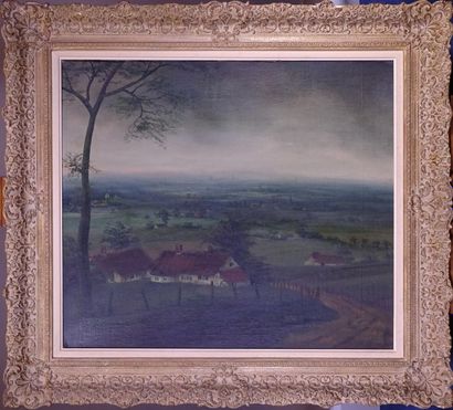 null Painting HST marouflaged -Farm at the edge of the valley- 1950 signed *COSYNS...