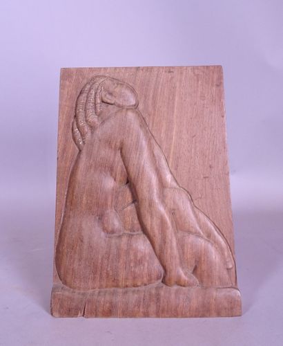 null Sculpture exotic wood bas-relief -Nu sitting- signed *AUBROECK K.* (Karel) (Temse...