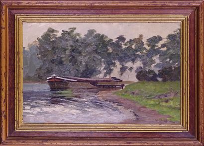 null Painting HST -Barge on a canal- signed *BERNIER G.* (Géo) (1862, 1918) 34x52cm...