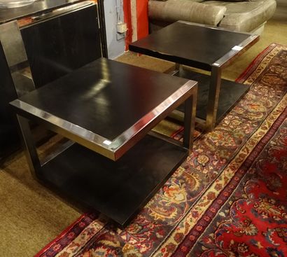 null Piece of furniture: pair of vintage chrome and black laminate sofa tables with...