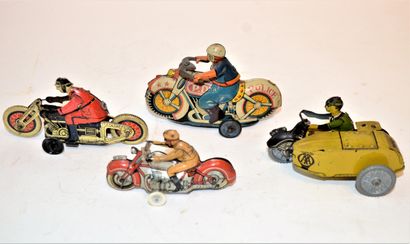 null Set of 4 motorcycles/side cars in lithographed sheet metal. Lengths: 8 to 9...