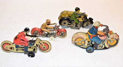 null Set of 4 motorcycles/side cars in lithographed sheet metal. Lengths: 8 to 9...