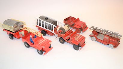 null 3 Jeeps and 1 sheet metal fire engine. 2 "Fire Stop" jeeps with tanker trailers,...
