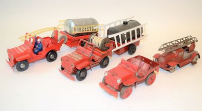 null 3 Jeeps and 1 sheet metal fire engine. 2 "Fire Stop" jeeps with tanker trailers,...