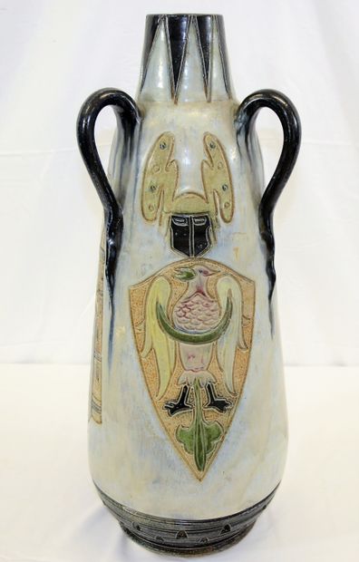 null Roger Guérin (1896-1954) vase en grès émaillé, décor de chevalier, tourné à...