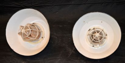 null 2 industrial enamel and cast iron lamps with plastic grills, 50s/60s. (chips...