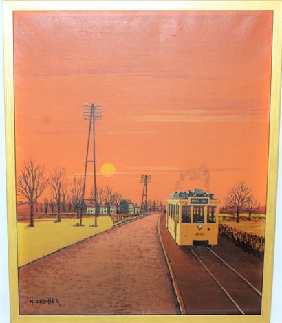 null DETHIER Henri (1939-2009) "Tram AR. 158 ligne Brugge-Gent" Huile sur toile,...