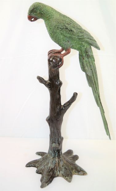 null Perroquet en Bronze sur sa branche. Hauteur: 60 cm.