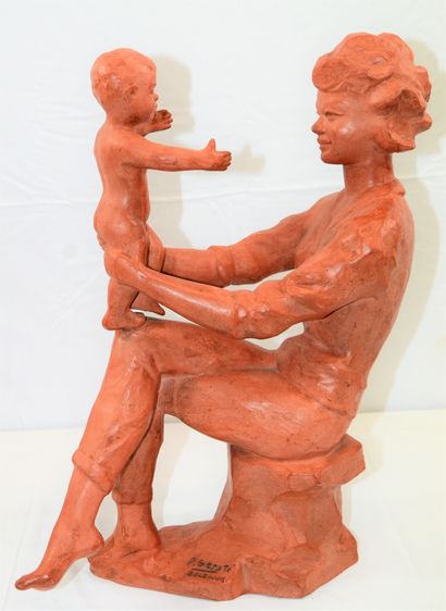 null SERSTE Paul (1910-2000): terre cuite "mère à l'enfant", hauteur: 48 cm. Signé...