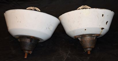 null 2 industrial enamel and cast iron lamps with plastic grills, 50s/60s. (chips...
