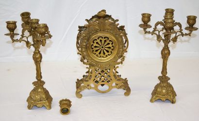 null Garniture de cheminée en bronze, 3 pièces, 1 pendule (hauteur: 35 cm) et 2 candélabres...