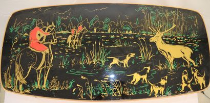 null Vintage coffee table in wood, metal and glass. Tray with hunting scene. 50's....
