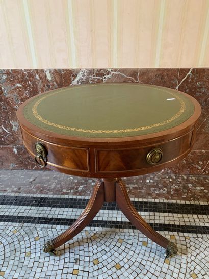 null English tripod mahogany pedestal table with green leather top,