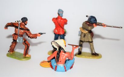 ELASTOLIN ELASTOLIN Plastic (4): Davy Crockett with 2 trappers and 1 Indian smoking...