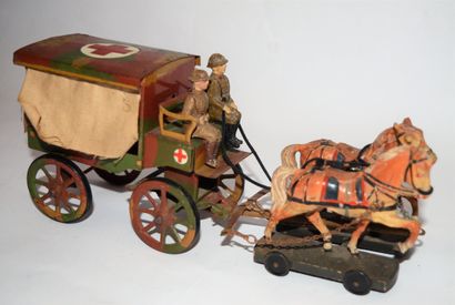 HAUSSER ELASTOLIN : attelage médical militaire, avec 2 soldats, 2 civières et 2 chevaux....