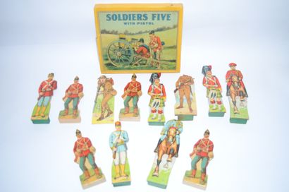 12 cardboard images of soldiers with wooden...