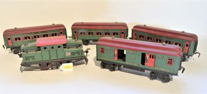 LIONEL LIONEL O passenger train set in green, red roof, includes :
- réf 34 diesel...