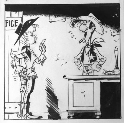 null Rare dessin original de Morris , illustrant Lucky Luke et Cha-Cha. Encre de...