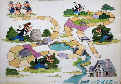null Studio Disney UK: rare et grande illustration originale d'un jeu de l'oie agrémentée...