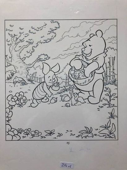 null Studio Disney France: rare ensemble de 6 dessins originaux "Winnie l'ourson"....