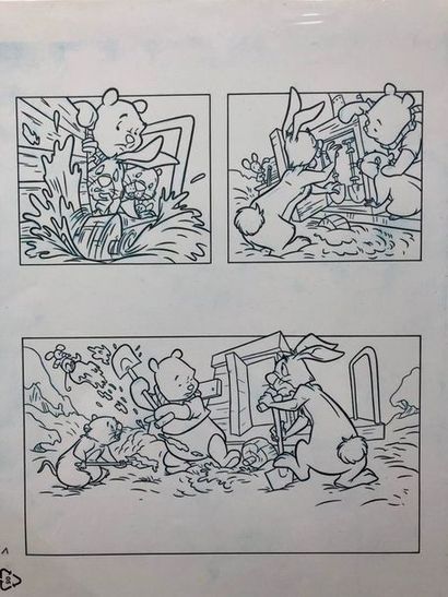 null Studio Disney France: rare ensemble de 6 dessins originaux "Winnie l'ourson"....