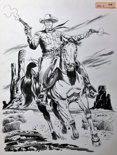 null Walter Venturi: superbe dessin original illustrant un cowboy à cheval. Hommage...