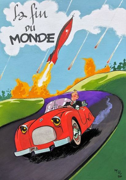 null Séverin Alec: hommage à Hergé "La fin du monde". Dessin original en couleur...