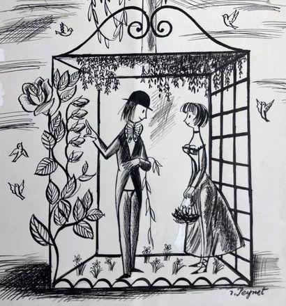 null Raymond Peynet: dessin original titré "quel étage mademoiselle?". Réponse: Le...