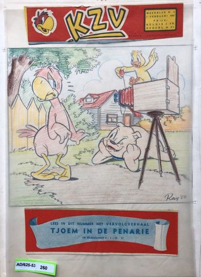 null Ray Goossens: dessin original illustrant le perroquet "Tsjoem" pour la couverture...